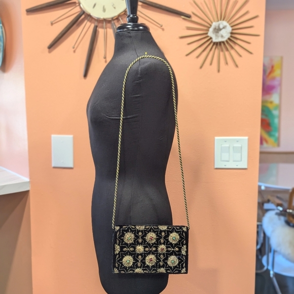 Vintage 70s Velvet Embroidered Handbag Gypsy Hippie Flap Shoulder Bag Clutch - Picture 3 of 15